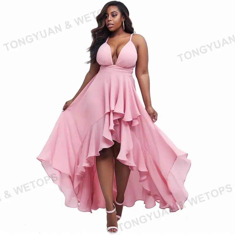 Custom Clothing Manufacturers Plus Size Ruffle Maxi Dress Pink Adjustable Spaghetti Straps High Low Hem Tie Waist Women Dresses