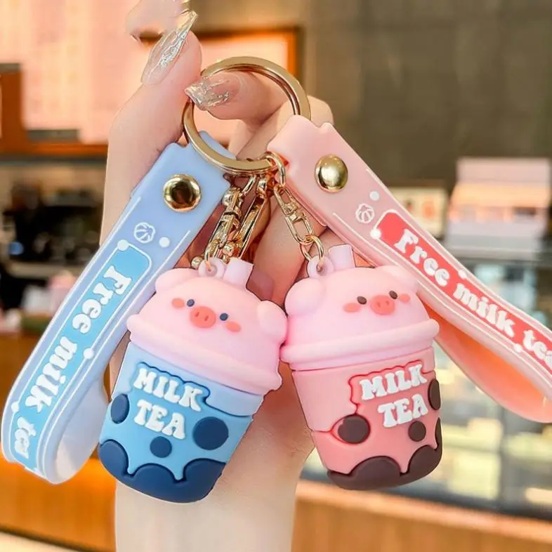 Cartoon 3D Pig Milk Tea Mobile Phone Straps Hand Bag Pendant KeyRing Kawaii Boba Tea Cup Key Chain New Boba Bear Rubber Keychain
