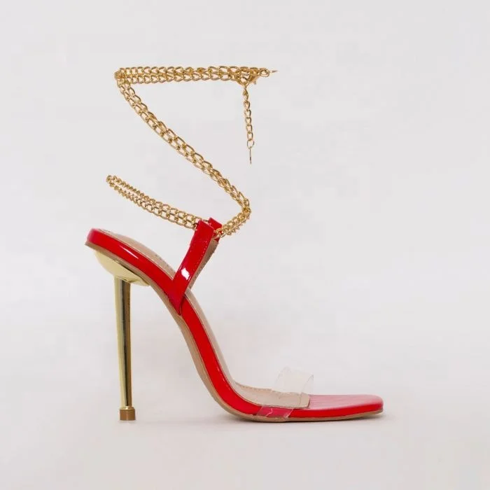 
2021 Fashion Women Patent Clear Chain Heels Sandals Ladies High Heel Square Toe Stiletto Heels Dress Shoes 