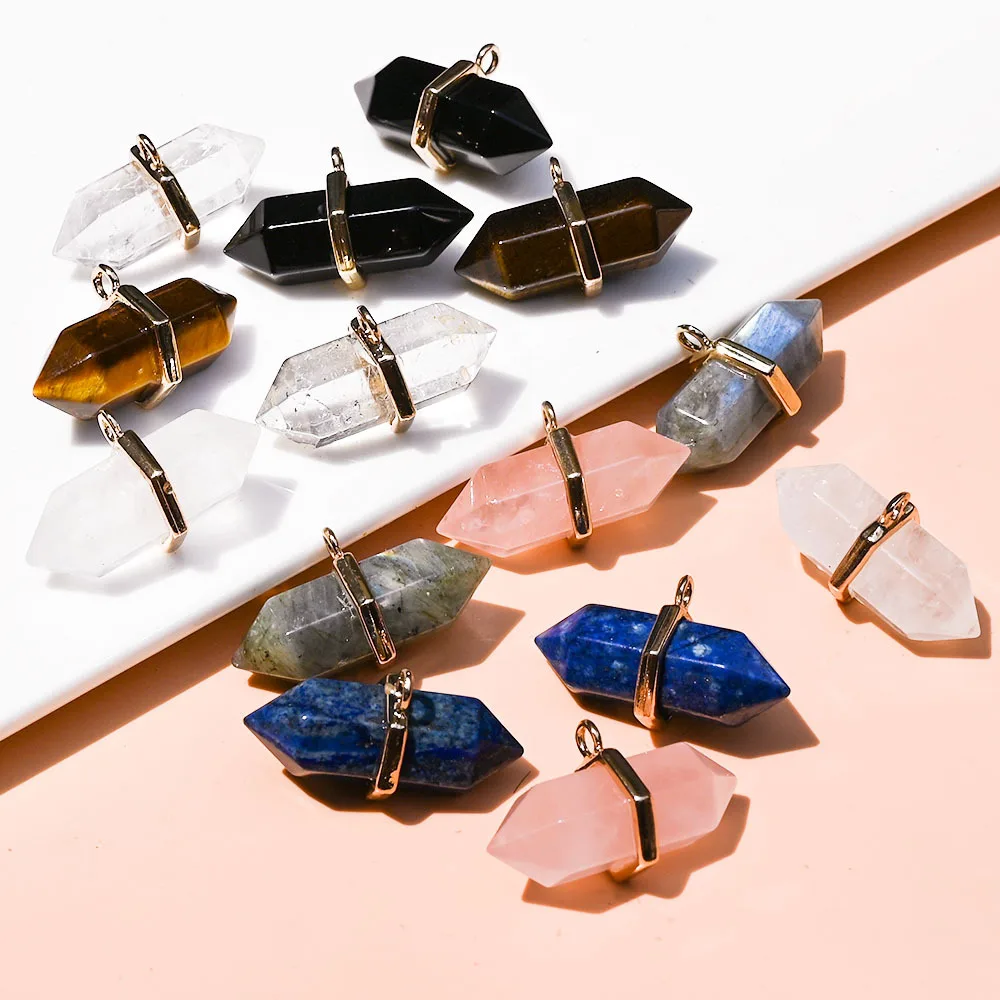 Natural Healing Crystal Hexagon Stone Pendants Tower Bullet Pointed Pendant For Necklace Earring Making