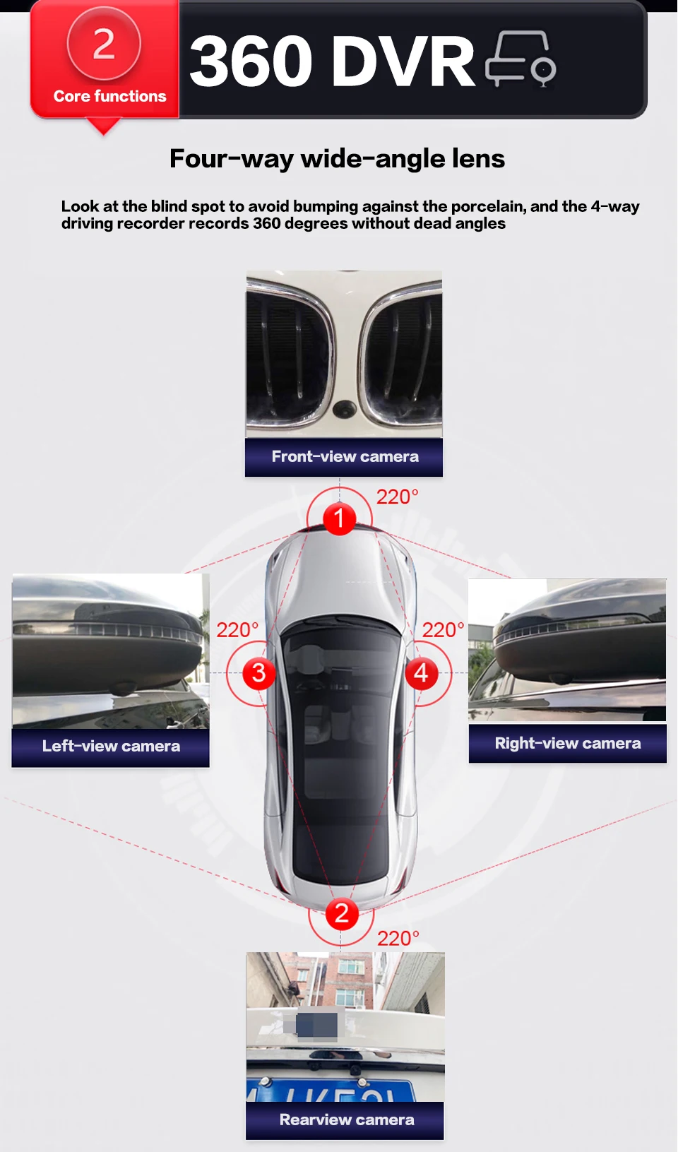 360 panoramic 3D reversing visual camera 720P 1080P 4 dvr video recorder For Android radio car video car dvd player