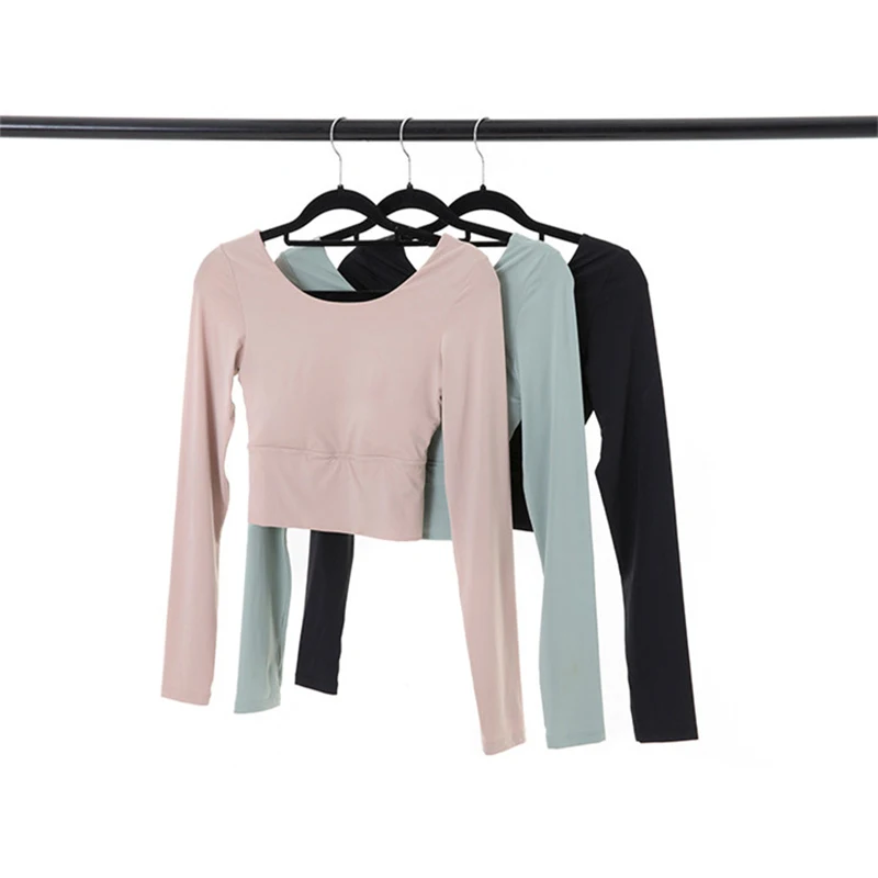 Custom Women Long Sleeve Workout Wear Gym Fitness Beautiful Back Seamless Crop Top Removeable Cup Yoga Sports Bra T Shirts