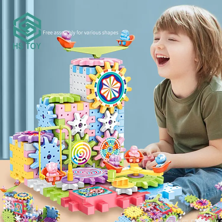 HS Variable Jigsaw Puzzle Educational Set Electric Plastic Gear Rotation Mechanical Building Block Toy With 83 PCS