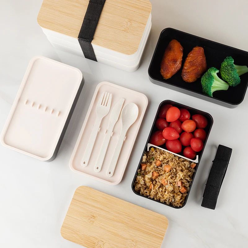 Bento Lunch Box With Divider and Cutlery Lunch Containers for Kids Bamboo Fiber Double Layer Lunch Box with Bamboo Lid