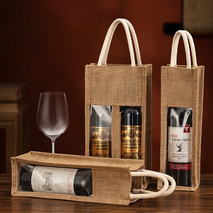 Wholesale 4 bottles wine bottle package tote gift christmas jute burlap bottle bags