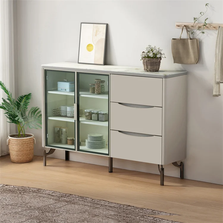 Luxury Nordic Belgium White Beige Home Furniture Dining Sideboard Tall Narrow Cabinet Buffets Sideboard With Tempered Glass