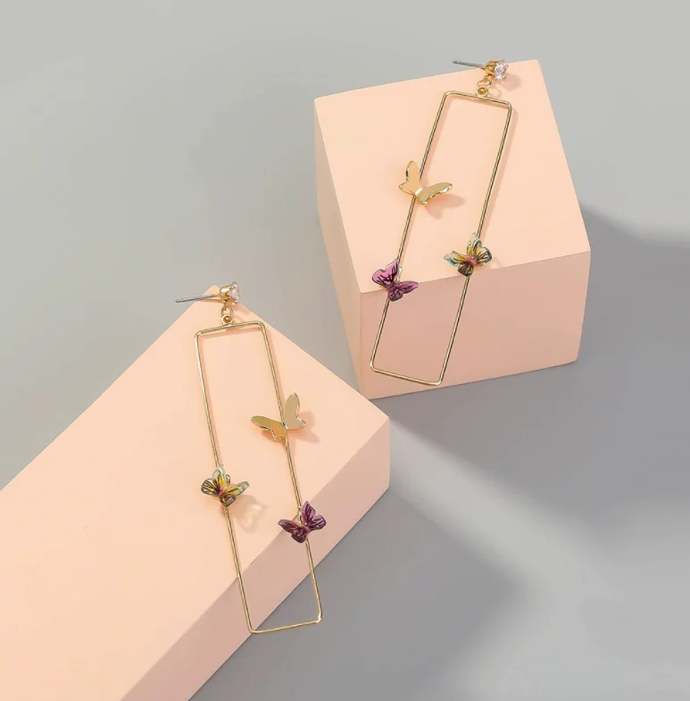  New product hot sale metal temperament long geometric shape multicolor butterfly earrings fashionable wild