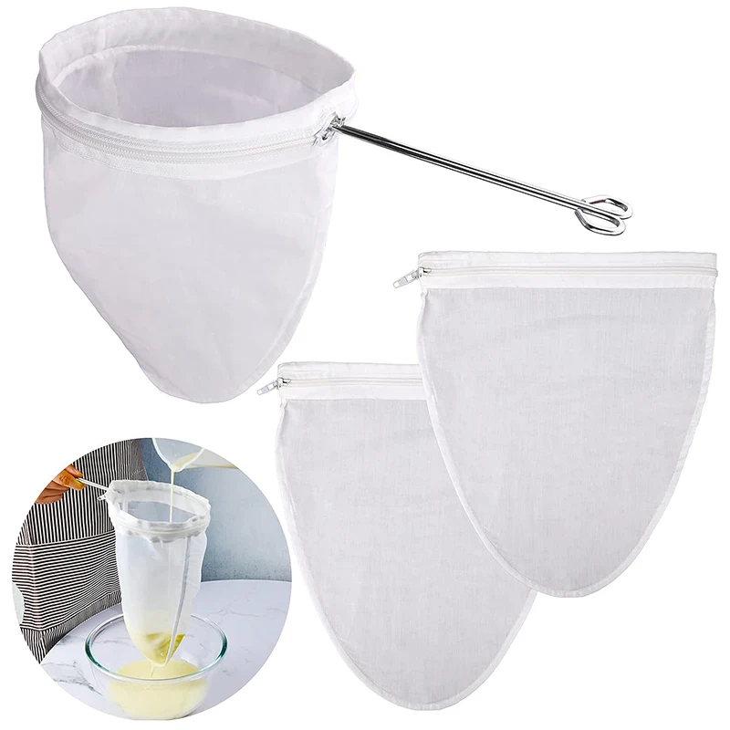 Food Grade Mesh Milk Strainer Bags Reusable Cheesecloth Nut Filter Bags with Stainless Steel Handle Frame
