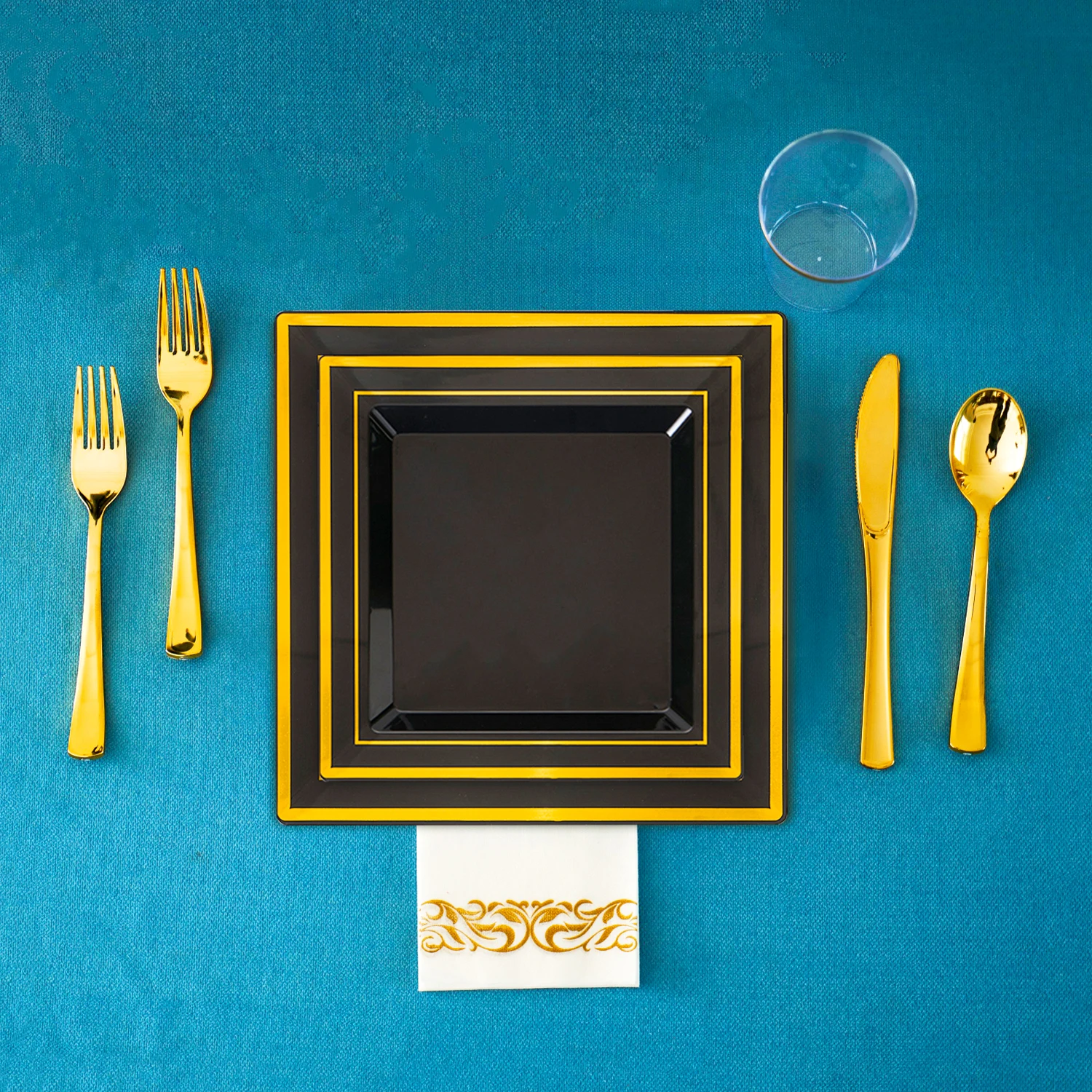 Cheap golden rim decorative wedding party disposable square plastic plates and cutlery
