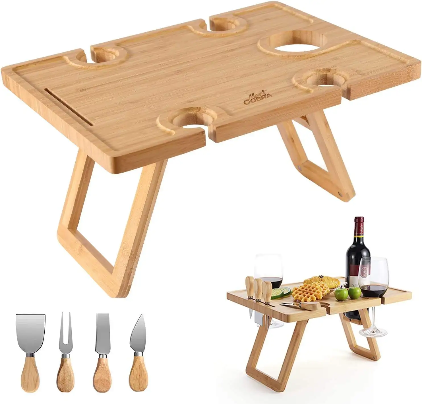 Outdoor Folding Portable Mini Picnic Rack Wine Table Foldable Bamboo Wooden Snack Beach Table with Wine Bottle and Glass Holder
