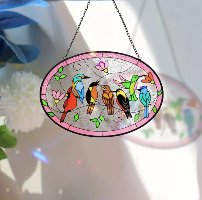 Stained Glass Ornament Cardinal Hummingbird Suncatcher Hand-Painted Double Side Glass Panel Window Hanging Decor