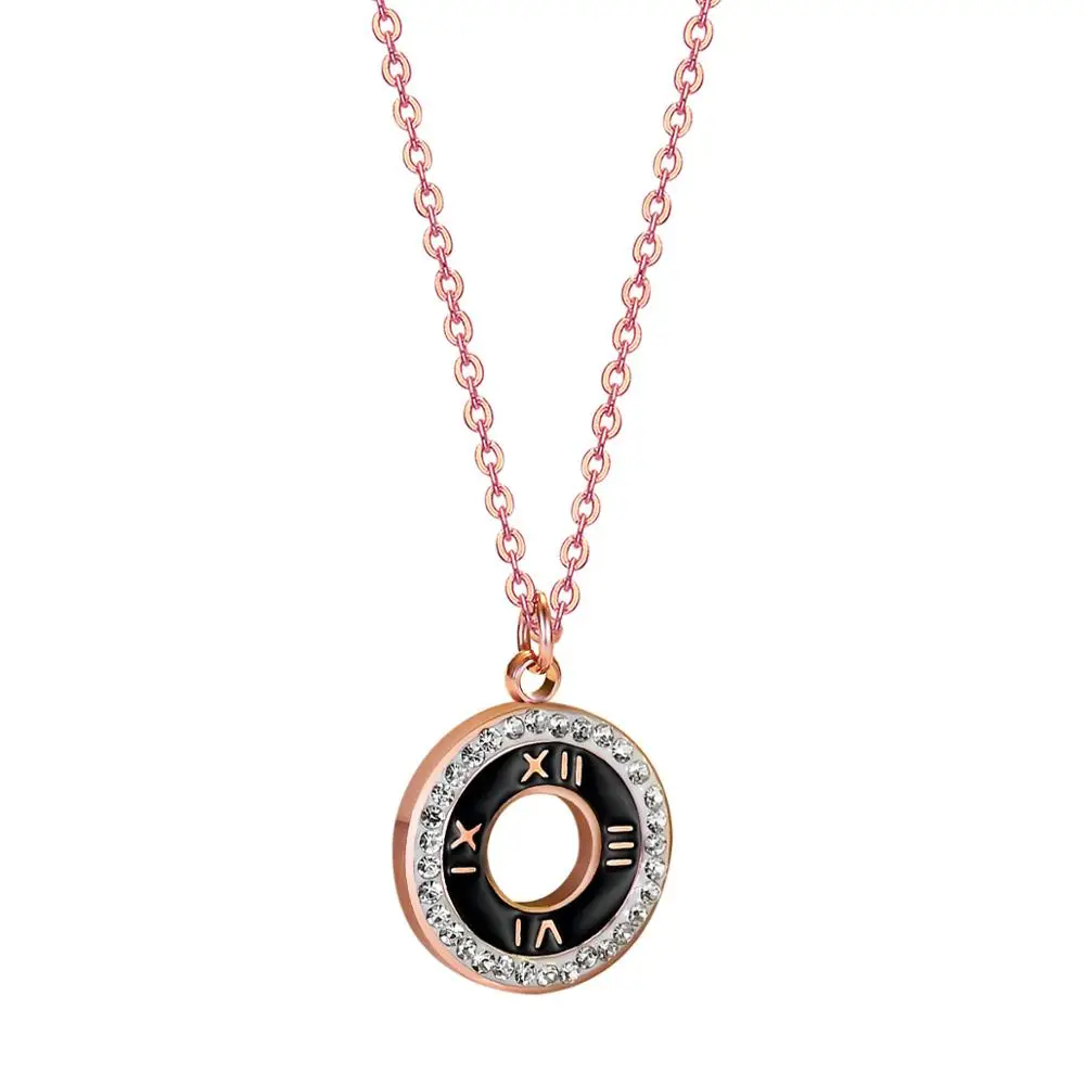 Circle Rhinestones Stainless Steel Rose Gold Roman Numeral Engraved Wholesale Necklace
