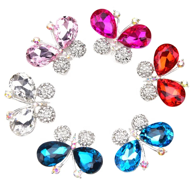 3.5*2.5cm 3D butterfly bottom brooch flower drop shiny diamond  glass rhinestone dress shoe bag buckle DIY jewelry accessories