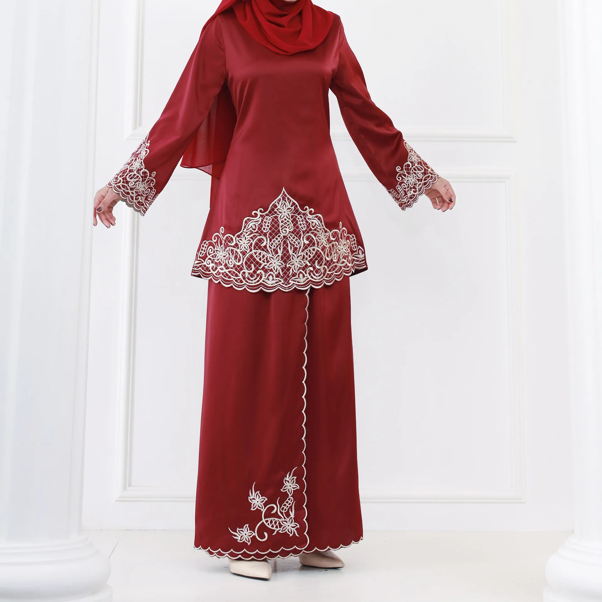 Embroidered Middle East Two-piece Set arabic muslim dress malaysia islamic clothing Baju Kurung Muslim Dress 8