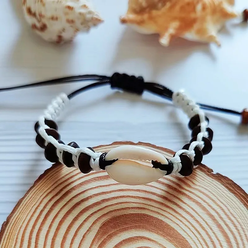 Summer jewelry Natural Wooden Disc Beads Sea Shell Braided Bracelet Adjustable Wax Cord Woven Handmade Ocean Beach Bracelet