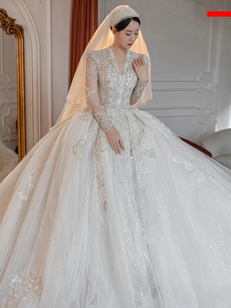 Handmade Lace Mesh Bridal Ball Gown Wedding Dress High Quality Luxury Trailing Wedding Dress