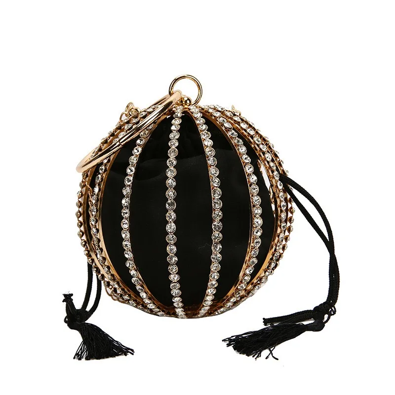 
Hollow Out Spherical Cage Luxury Metal Ball With Diamond Decoration Round Clutch Purse Wedding Party Iron Handbag 