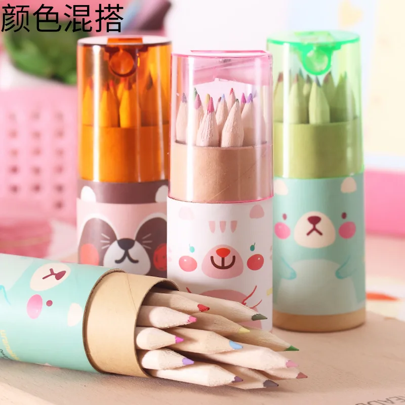 Pencil Manufacturer Cartoon bear 12 Colored Pencils With Topper Sharpener,Tube Packing Colorful Wooden Pencil Cheap Price