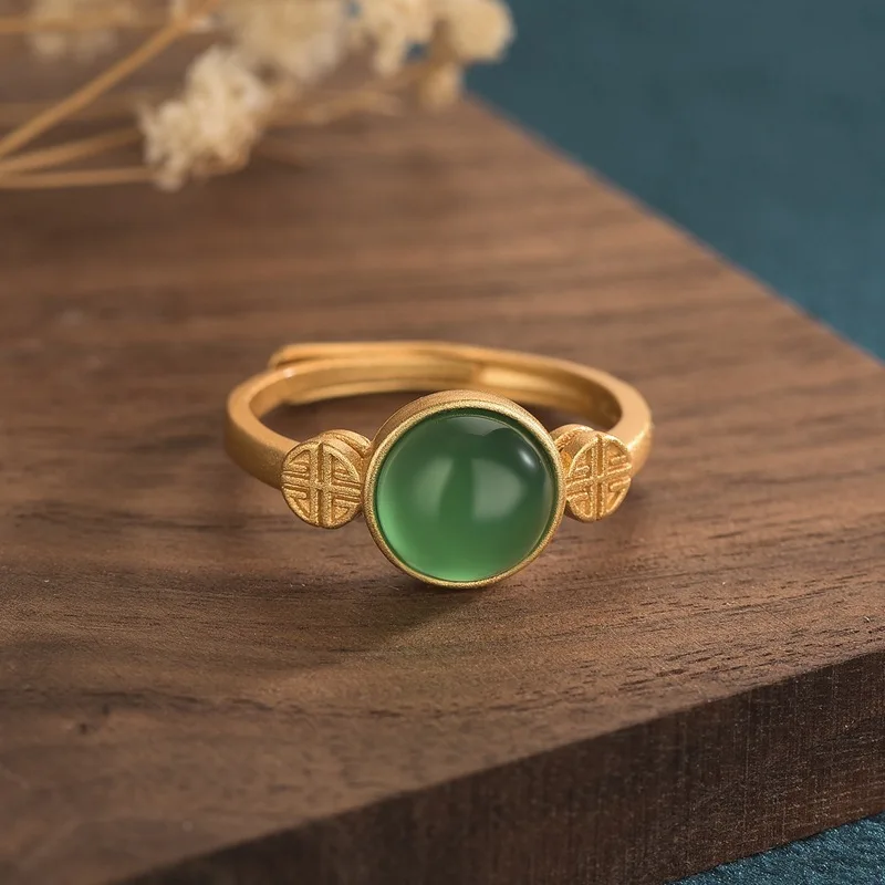 Creative Design Natural Agate Ring Chinese Style Agate Jade Hotan Jade Open Ring