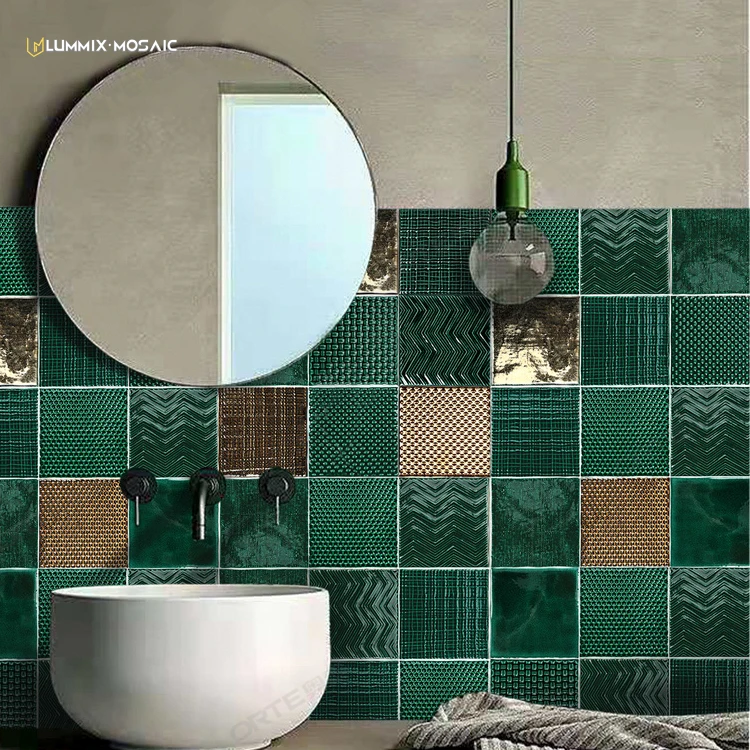 140*140 Nordic bark pattern kiln changed handmade brick dark green tile bathroom bar background wall tile toilet bathroom tile