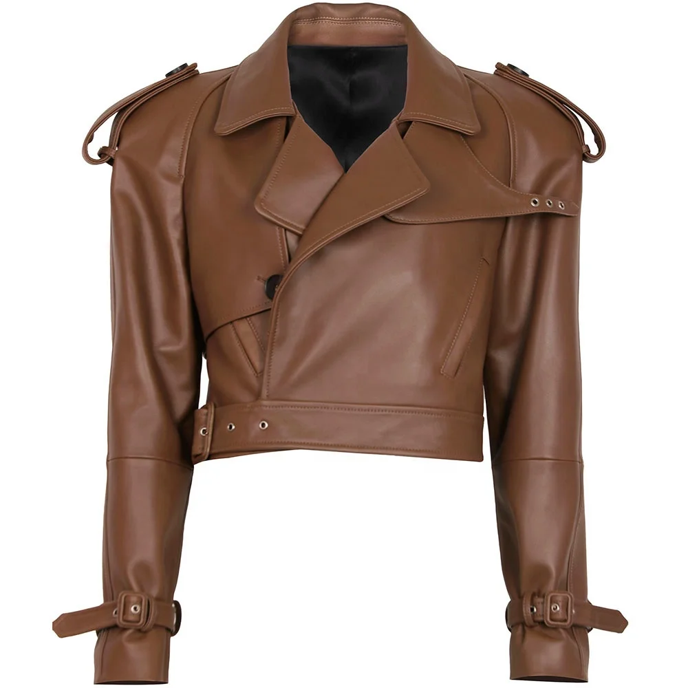 2024 High Quality dark brown leather jacket motor cycle leather jacket leather jacket woman