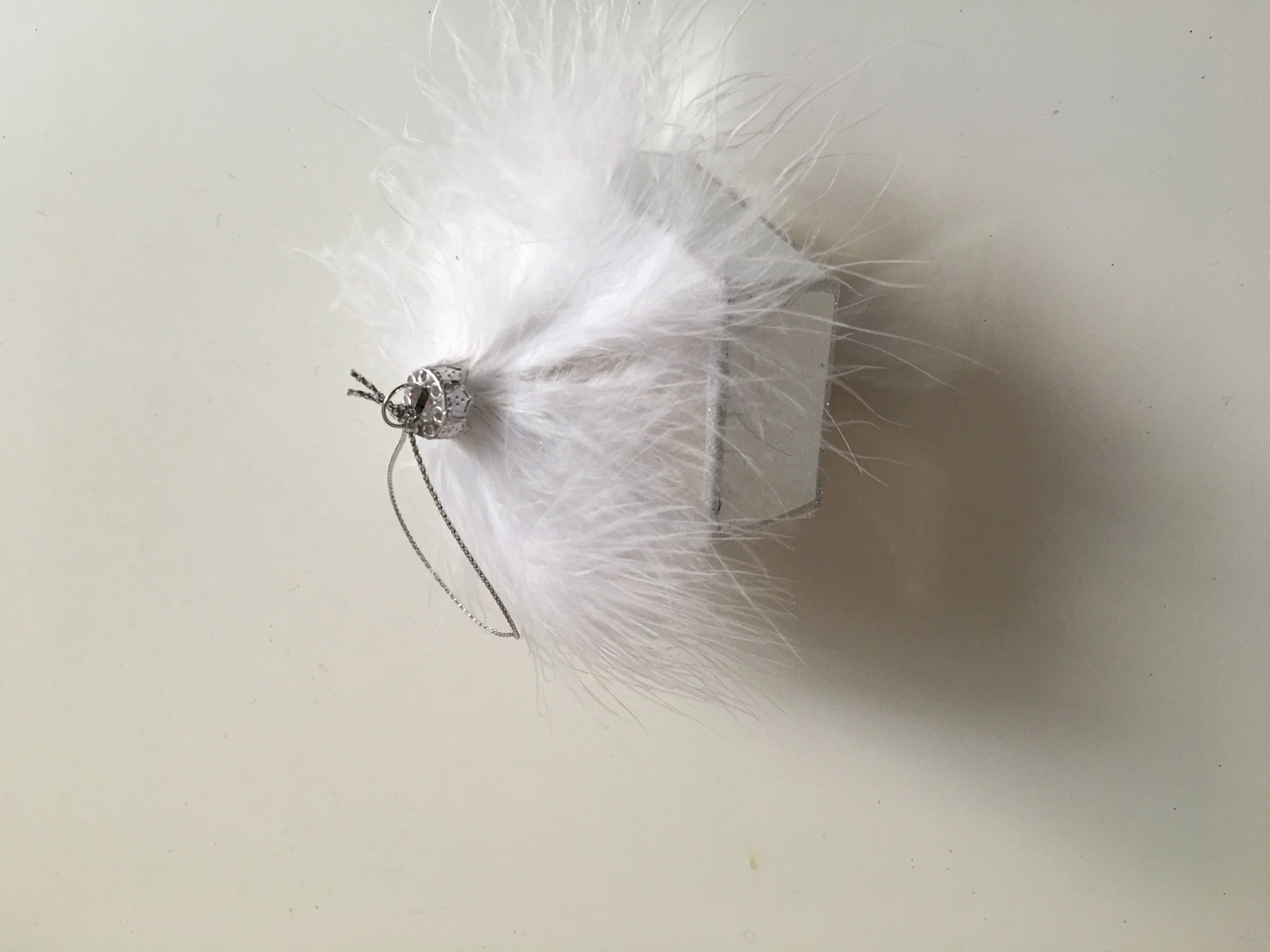 Personalized Glitter Plastic Polygon Silver Christmas Ball With White Feather