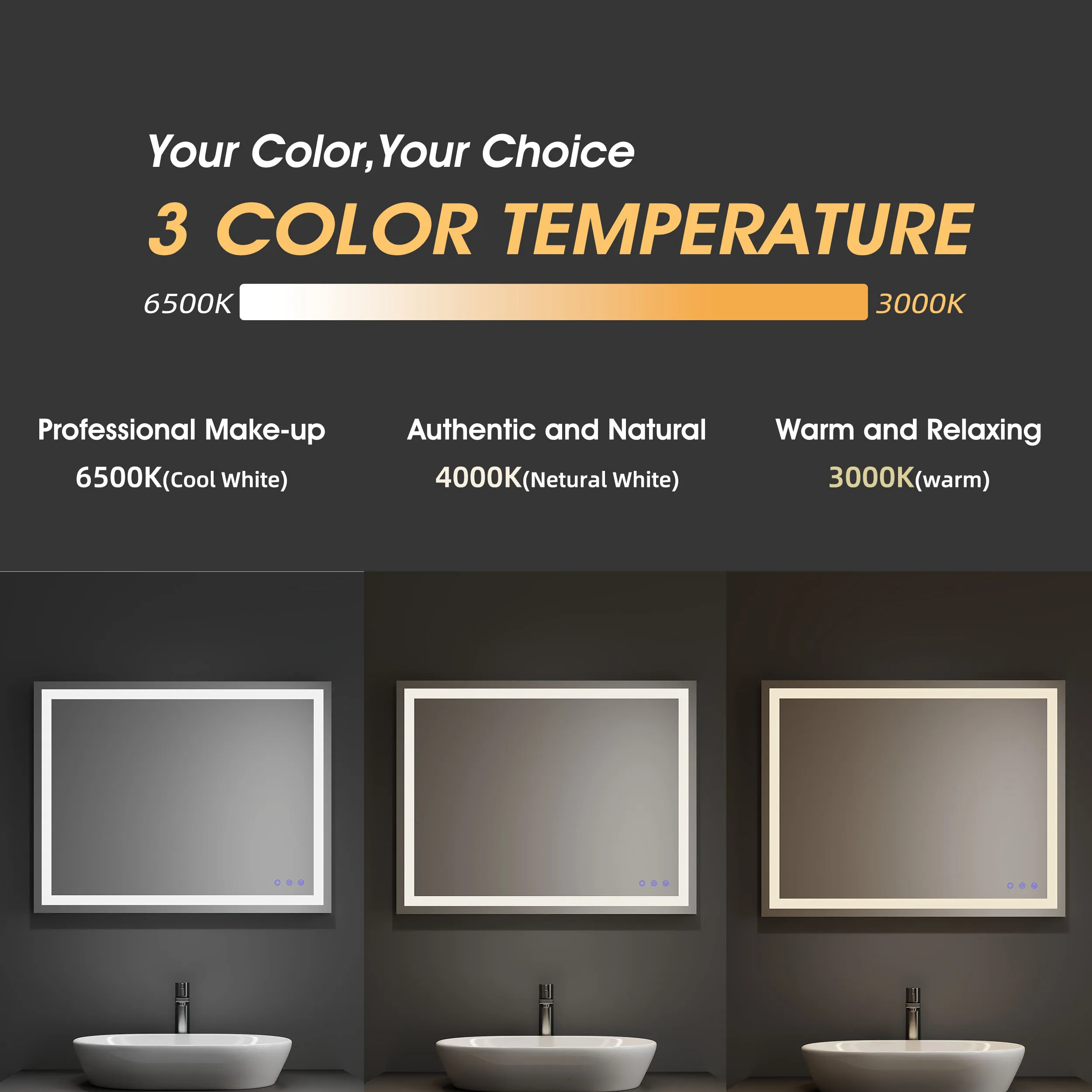 Custom 24 X 36 Vanity Touch Adjustable Wall Mounted Light Up Anti Fog Frameless Led Bathroom Mirror With Light