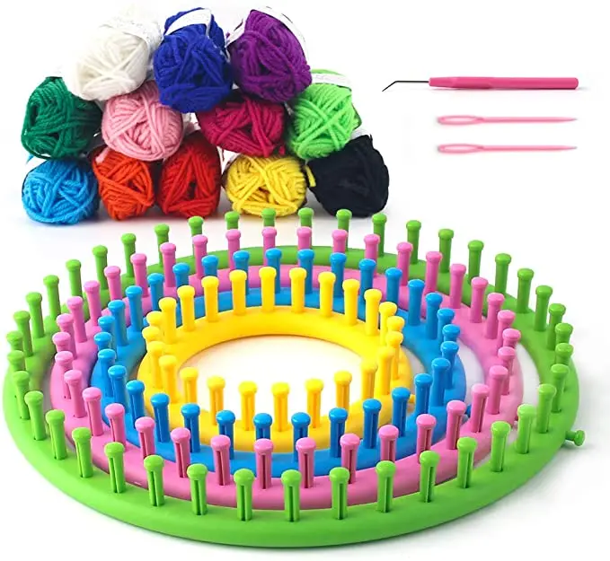 Round Knitting Loom Set with Hook Needle Kit Yarn Cord Knitter 4 Hat Looms
