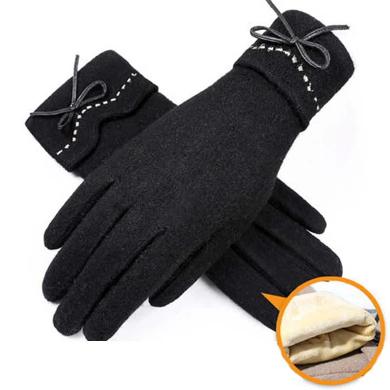 Solid Color Elegant Plus Velvet thickening Touch Screen Gloves Winter Women Warm Cashmere Full Finger Bow Mitten