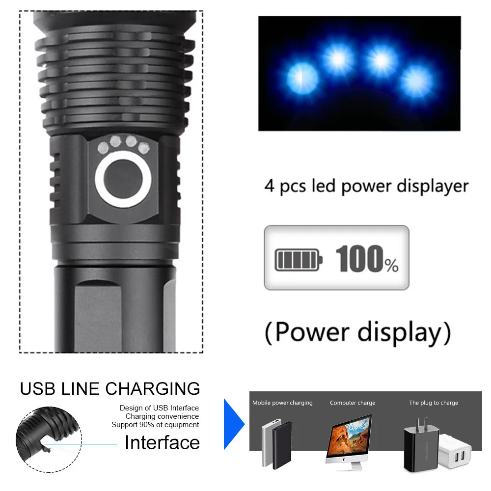 Светодиодный фонарик с зарядкой от USB водонепроницаемый тактический зумом мощный