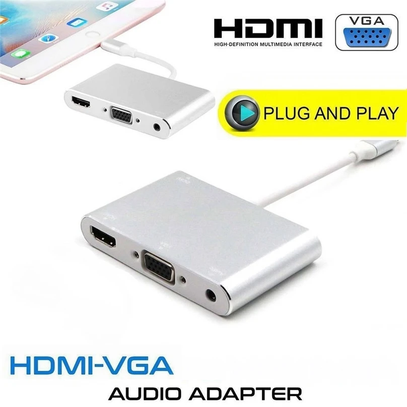 Type C to HDMI VGA HDTV OTG Cable for iphone 8 Pin AV Audio Video Adapter iPhone iPad Air Mini
