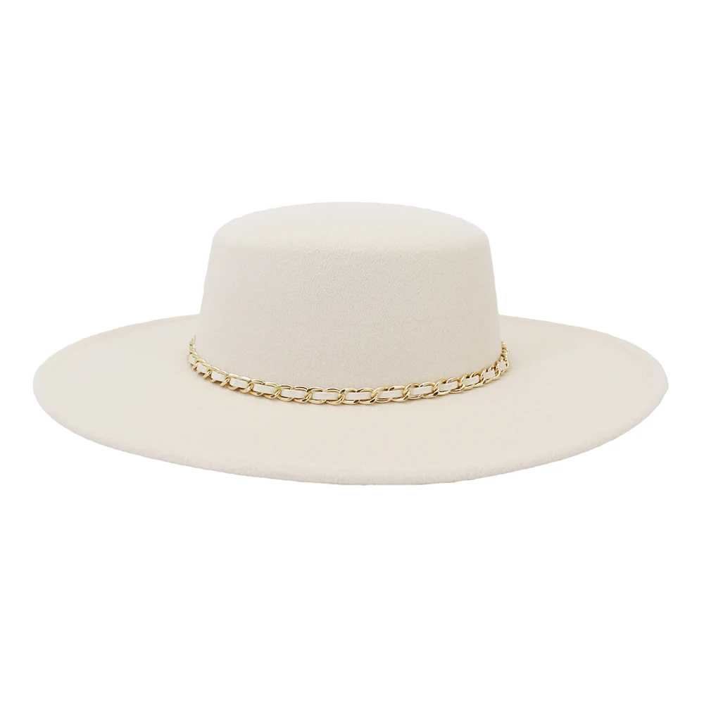 Wholesale Wide Brim 10cm Flat Top Boater Felt Fedora Hats for Women chapeau homme with Chain