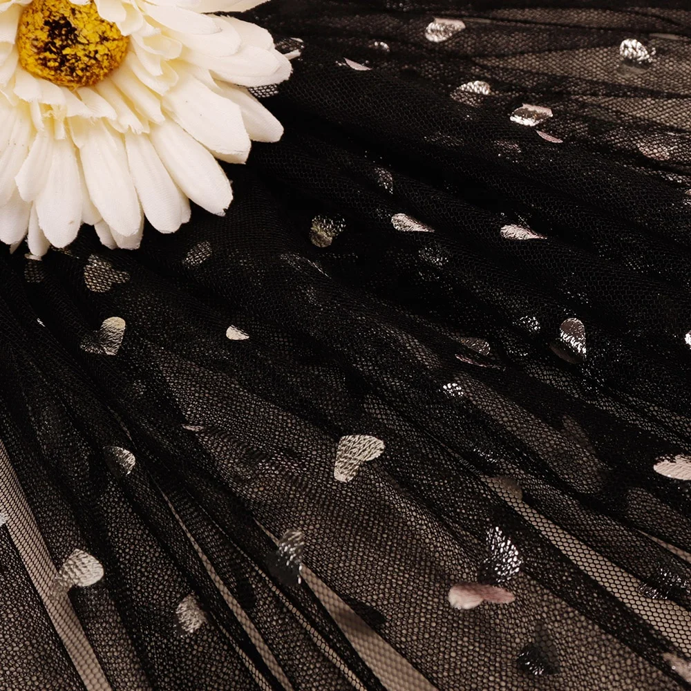 Wholesale 100% Polyester Black Soft Sparkle Heart Pattern Glitter Tulle For Kids Lovely Skirts