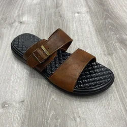 New design vintage leather good quality hardware decorative belt buckle mens slides slippers