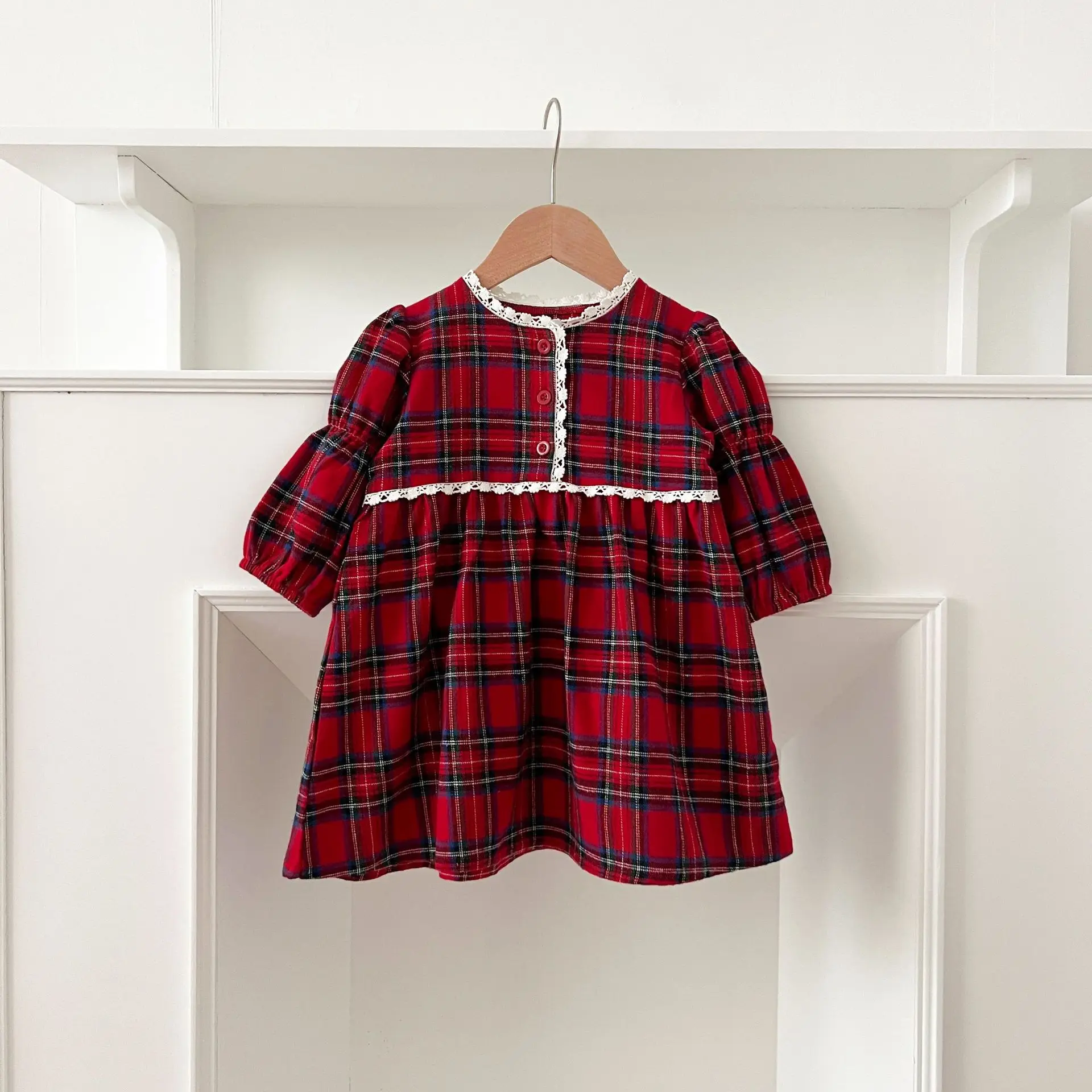 C1001 Christmas design newborn baby girls puff sleeve romper infant toddler girl red plaid dresses princess clothing