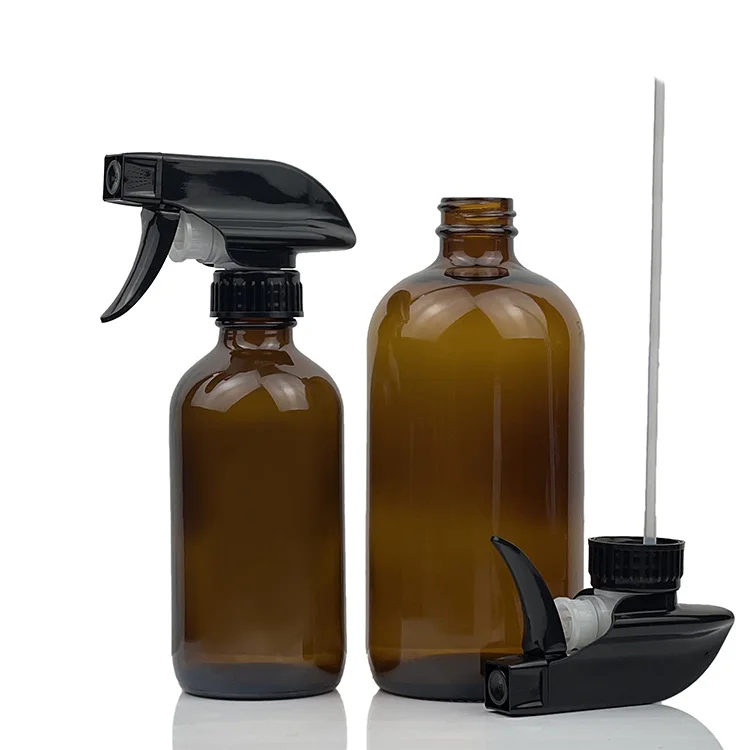 8oz 16oz 250ml 500ml Amber Brown Pharmaceutical Boston Round Glass Spray Bottle with Trigger Spray lotion pump Cap