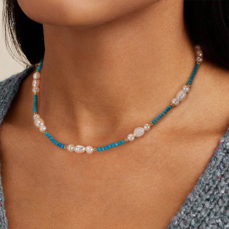 Elegant Vintage Natural Stone Freshwater Pearl Turquoise Necklace for Women