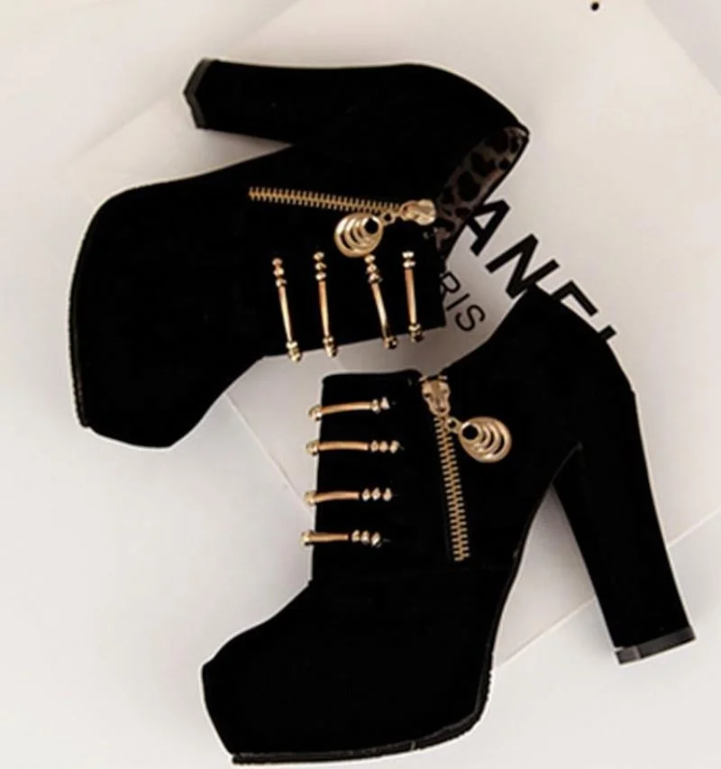 Factory Wholesale Thick Heel Pumps Metallic Chain Decor Platform Side Zipper Shoes Women Dress Shoes Sexy High Heel Shoes