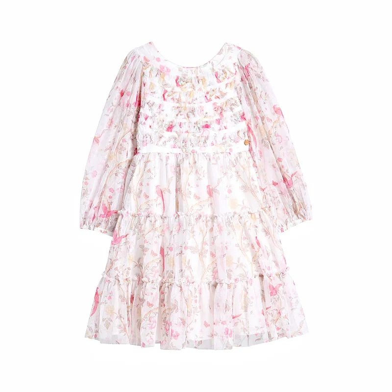 Kids Print Mesh Dress Round Neck Sweet Kinds 11 Year Old Girls Dresses Birthday Party Frock Clothing For Girl 13 To 14 Years