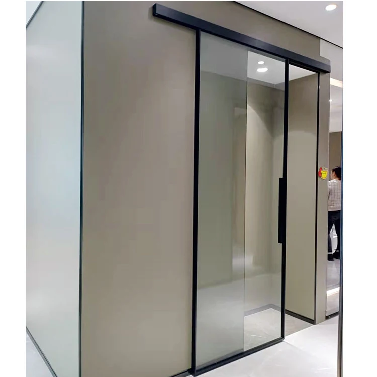 HDSAFE glass sliding barn doors hardware wall mounted room interior glass door soft closing black slim frame single sliding door