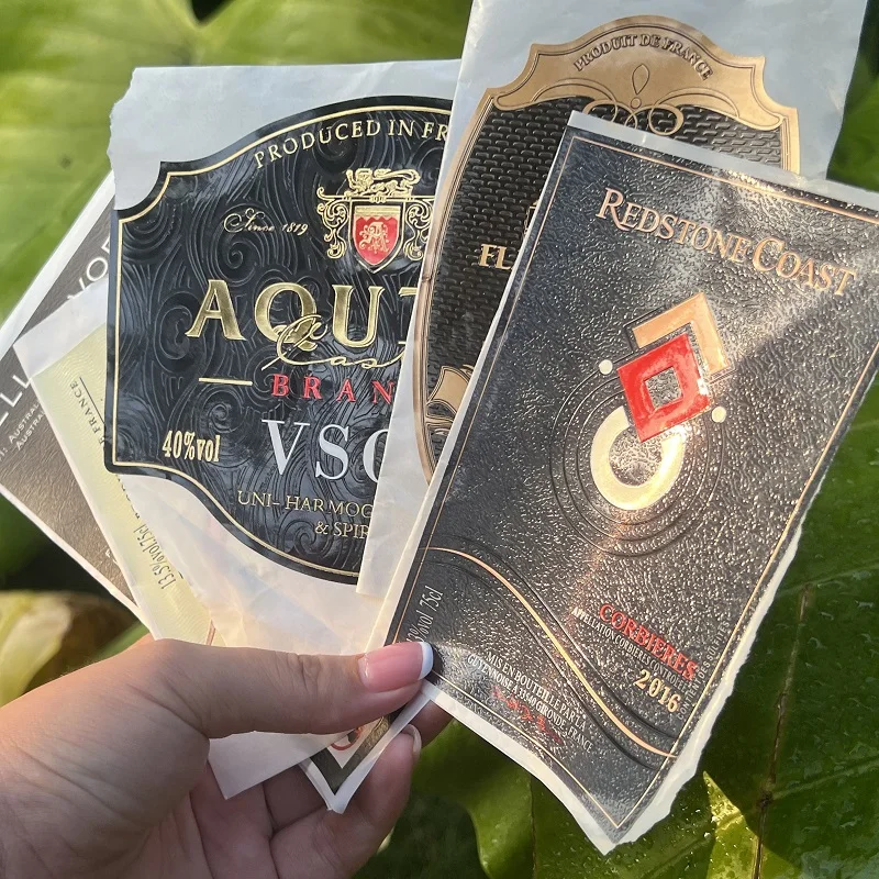 Custom Self-Adhesive Aluminum Label Wine Vodka Whisky Whiskey Brandy Tequila Gin Spirits Recyclable/Biodegradable Embossed Logo