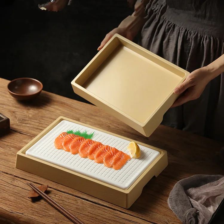 Harmony Frozen Seasoned Squid Slice Ice Saucer Plastic Ice Tray With Wood Pallet Wooden Plates For Restaurants