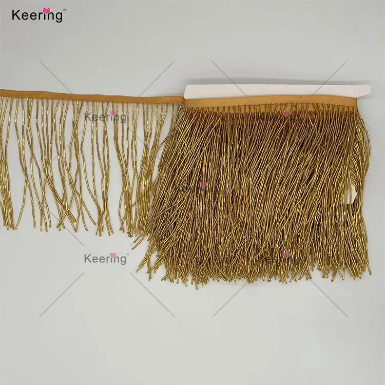 Small MOQ Keering 15cm Gold Glass Beaded Ribbon Fringe Trimmings With Tassels