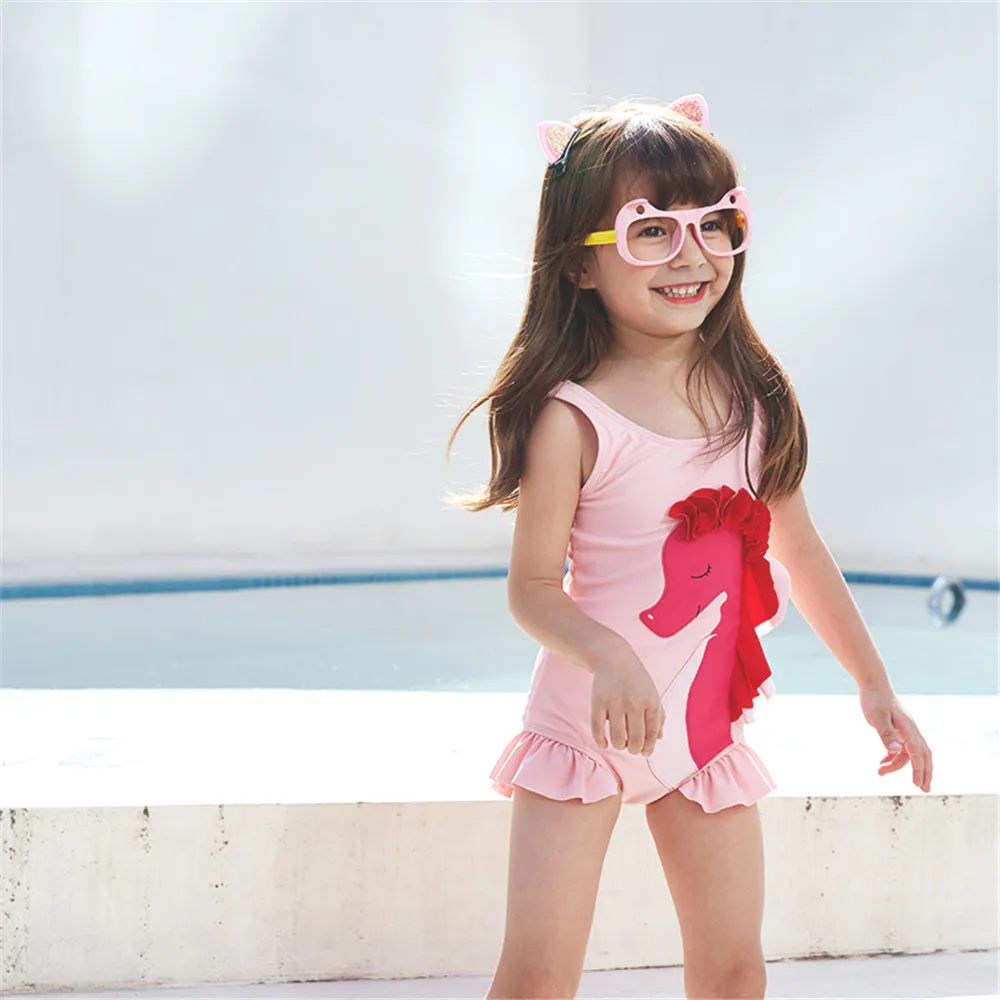 
2020 kids swimwear pink girl swimsuit 3D printed design ruffled one piece swimming suit for children girls kawaii monokini 