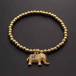 Cubic Zircon Leopard/Elephant/Bull/Lion Animal Charms Bracelet Brass Jewelry Round Beaded Bangle 18K Gold Plated Women Bracelet