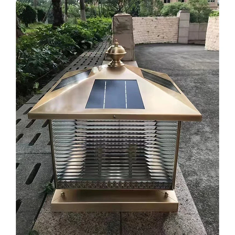 new arrival Solar Outdoor Column Lights  copper l Fence Pedestal Post Lamp Fixtures Outdoor Vintage LED Globe Pillar Lights