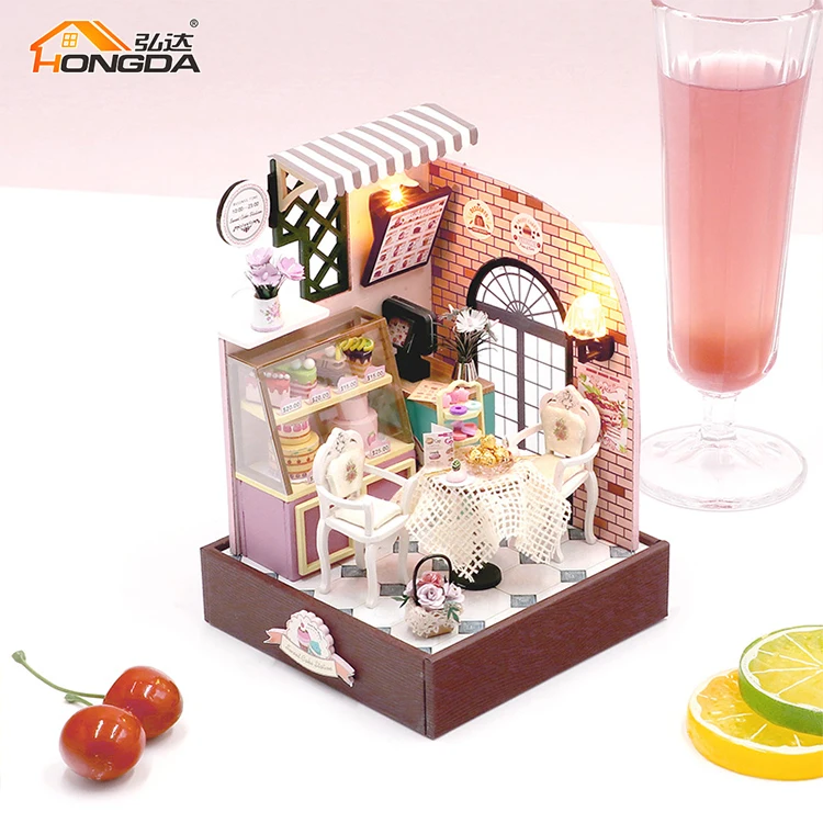 Hongda New Style S2201 Sweet Cake Station Miniature Doll House DIY Wooden Dollhouse Kit For Girls