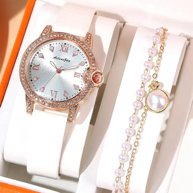 9827  woman watch  &1pcs Pearl bracelet Fashion white watch set for women