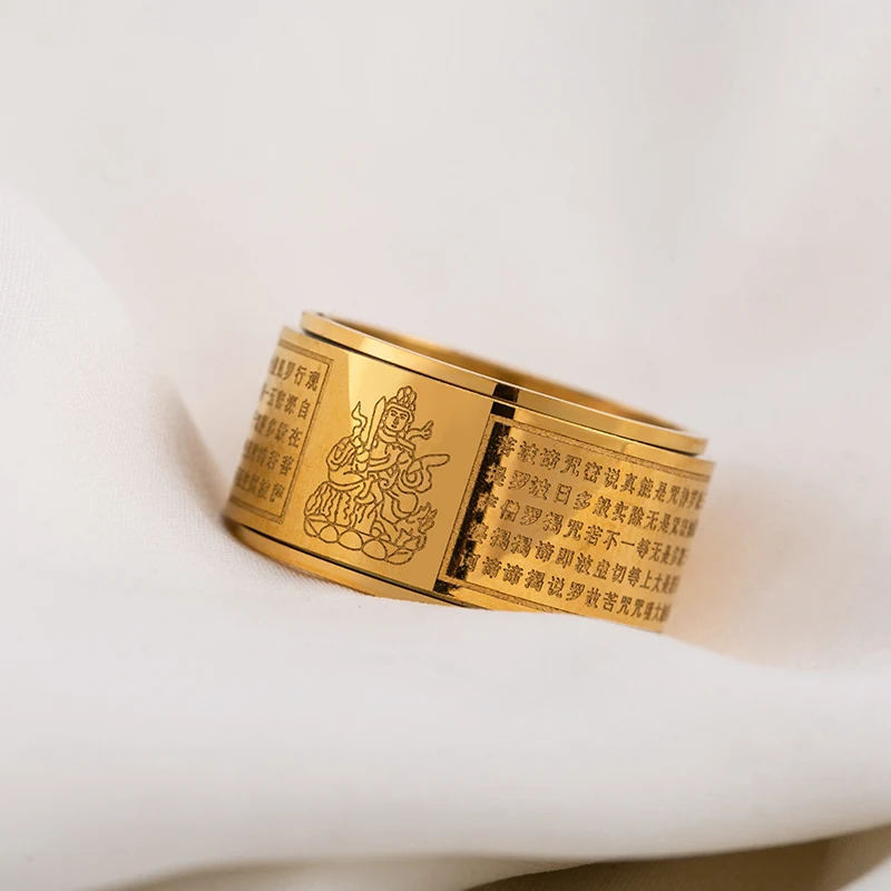 Southeast Asian Trend Personality Stainless Steel Plated 18K Gold Buddhist Heart Scripture Rings