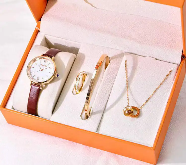 Luxury 4 PCS Jewelry Gift Set Gold Ladies Watch Sets Necklace Bracelet Watch Set Women